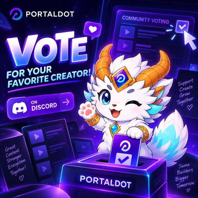 A cute white horned mascot drops a vote into a glowing "PORTALDOT" ballot box, with promotional text reading "VOTE FOR YOUR FAVORITE CREATOR!" and "ON DISCORD" alongside a "COMMUNITY VOTING" panel—visually reinforcing the post's call to action for users to join the PortaldotL0 Discord and cast votes for their favorite creators.