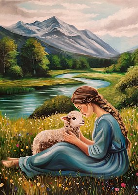 A painted illustration of a girl with a long braid sitting in a wildflower meadow holding a lamb, with a winding river and snow-capped mountains in the background.