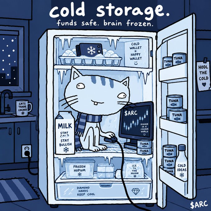 A cartoon illustration titled 'Cold Storage' with the subtitle 'funds safe. brain frozen,' depicting a cat in a winter scarf sitting inside a refrigerator looking at a computer monitor displaying the '$ARC' chart.