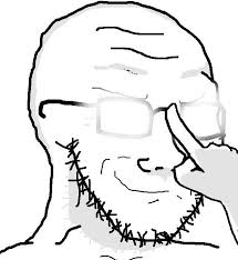 A black-and-white line drawing shows a bearded man wearing glasses and smiling while pointing at his temple, suggesting an "I got an idea" or brainy gesture. The image humorously represents the savvy crypto trader who realizes the smart move is to rotate from Sui to Monad, catching the next pump by buying when others have given up.