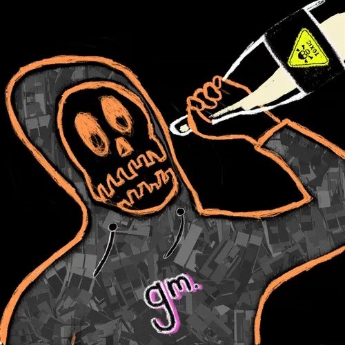 An illustrated hooded grim reaper/skeleton character holding what appears to be a test tube or vial with a warning label, featuring 'gm.' text in pink.