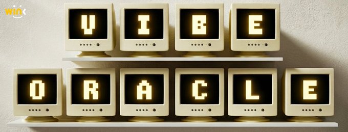 Two rows of vintage-style computer monitors displaying pixelated letters that spell out 'VIBE' on top and 'ORACLE' on bottom, with a 'WIN' logo in the corner.