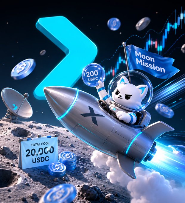 The image features a cartoon cat wearing an astronaut suit, riding a rocket ship through space with a blue flag flying from its helmet. The cat appears to be holding a blue ball in one hand and a blue sign that says "Moon Mission" in the other. In the background, there are several satellite dishes scattered around the scene. The image also includes text that reads "Total pool of 20,000 USDC/lượt", which could possibly be related to the cat's mission or the rocket ship.