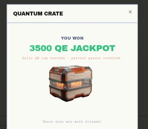 The image shows an email notification screen for a Quantum Crate account, which has been won by someone named "DAC". The email congratulates the user on winning 350 QE Jackpot, and encourages them to share their win with friends using the provided link.