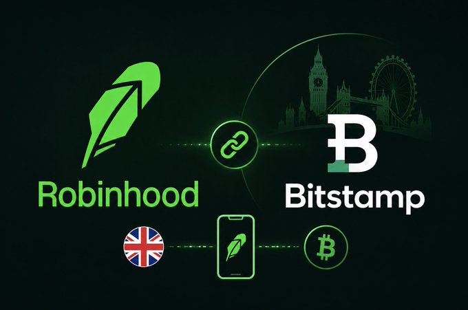 A promotional graphic with a black background showing the green Robinhood feather logo on the left and the white Bitstamp "B" logo on the right, connected by a chain link icon. Below are smaller icons of a UK flag, a smartphone, and a Bitcoin symbol, illustrating Robinhood's launch of crypto trading for UK users through the Bitstamp exchange.