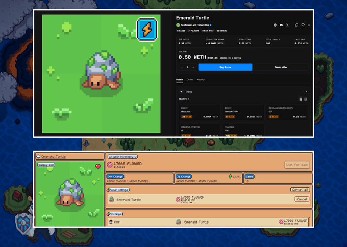 The image shows a "Emerald Turtle" Sunflower Land Collectible listed for $950 on OpenSea (0.50 WETH) at the top, while the bottom screenshot shows the same Emerald Turtle trading at 17,500 FLOWER ($1,500) on the SFL marketplace, highlighting the arbitrage opportunity the poster identified.