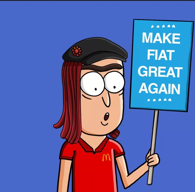 A cartoon illustration of a character in a McDonald's uniform holding a blue sign that reads 'MAKE FIAT GREAT AGAIN' against a blue background.