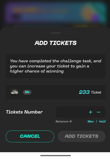 A mobile app interface for adding tickets to a challenge, showing a balance of 233 tickets with 'CANCEL' and 'ADD TICKETS' buttons.