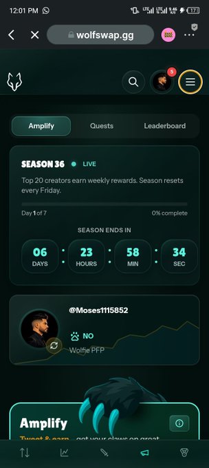 A screenshot of the wolfswap.gg mobile site displays the "Season 36" leaderboard page with a countdown of 6 days, 23 hours, 58 minutes, and 34 seconds until the season ends, highlighting that the top 20 creators earn weekly rewards that reset every Friday—aligning with the post about the recurring leaderboard resets on WolfSwap.
