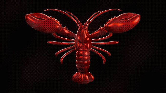 A red, pixelated lobster rendered against black — matching the "LOBSTER" branding of the Discord link — with two large claws raised symmetrically as if gesturing viewers to join the community.