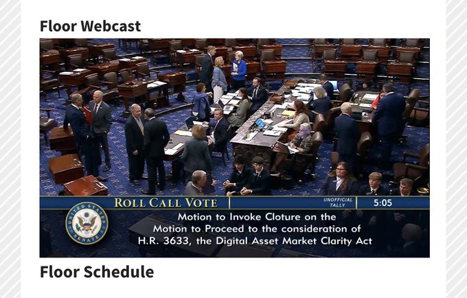 A screenshot of a 'Floor Webcast' showing the U.S. Senate chamber, with a 'ROLL CALL VOTE' overlay for a 'Motion to Invoke Cloture on the Motion to Proceed to the consideration of H.R. 3633, the Digital Asset Market Clarity Act.'