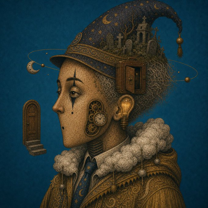 A surreal steampunk-style portrait of a figure with a starry jester hat filled with a graveyard, mechanical gears, a lightbulb, and a tiny door, set against a deep blue background.