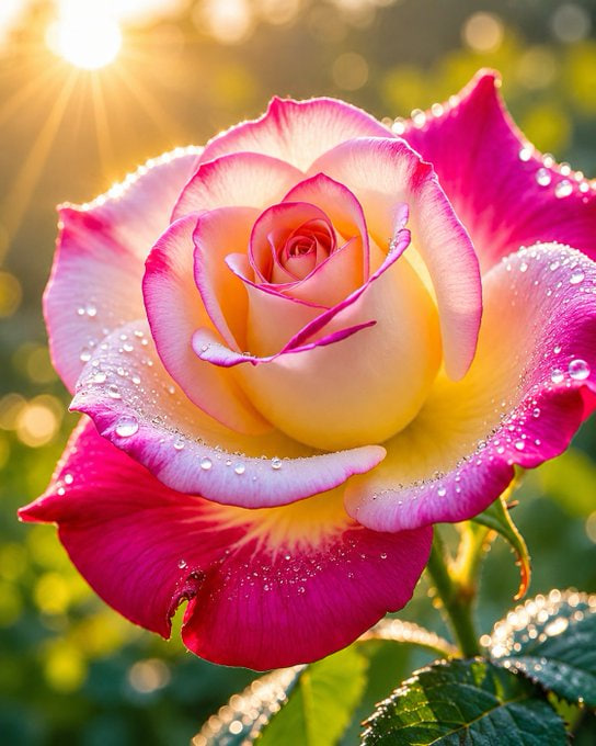 A vibrant macro photograph captures a close-up of a multi-colored rose with pink, yellow, and white petals covered in glistening water droplets, illuminated by bright sunburst rays.
