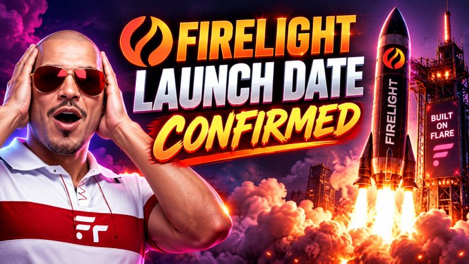 A promotional graphic titled "FIRELIGHT LAUNCH DATE CONFIRMED" showing a man in sunglasses and a white/red polo shirt on the left, and a rocket labeled "FIRELIGHT" launching beside text reading "BUILT ON FLARE" on the right.