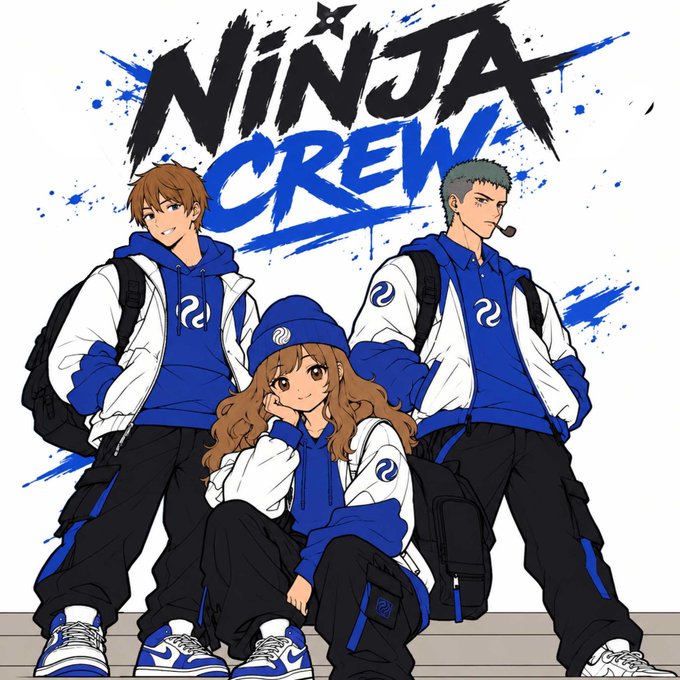 Anime-style artwork titled 'NINJA CREW' showing three characters in blue and white hooded outfits with swirl logos, set against a white background with blue paint splashes.