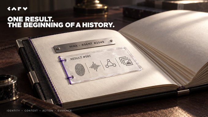 Promotional graphic reading 'ONE RESULT. THE BEGINNING OF A HISTORY.' showing an open book with a label 'MIRA · AGENT #2049' containing biometric data including a fingerprint and result icons.