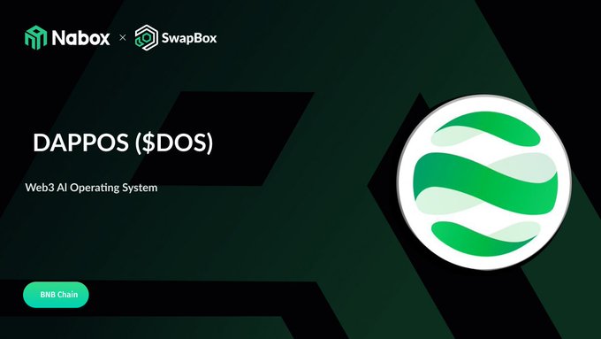 Promotional image for 'DAPPOS ($DOS)' by Nabox × SwapBox, describing it as a 'Web3 AI Operating System' on the BNB Chain with a green and white striped logo.