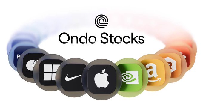 A promotional graphic displays the 'Ondo Stocks' logo with various app icons including Nike, Apple, NVIDIA, Amazon, and Microsoft arranged in a colorful chain.