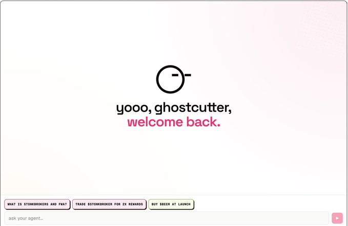 A login screen with a stylized 'C' logo greets the user with 'yooo, ghostcutter, welcome back.' in pink and black text, with buttons for 'WHAT IS STONKROKERS AND FNAF?', 'TRADE STONKROKERS FOR 2X REWARDS', and 'BUY $KEB AT LAUNCH' above an input field labeled 'ask your agent...'.