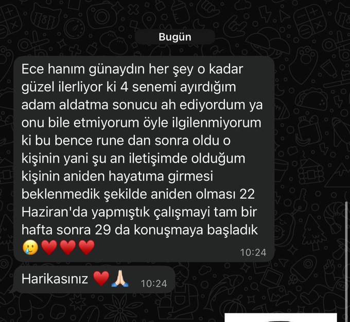 A screenshot of a Turkish WhatsApp conversation dated 'Bugün' (Today) where someone named Ece sends a long message in Turkish about progress in her life, followed by a reply saying 'Harikasınız ❤️🙏'.