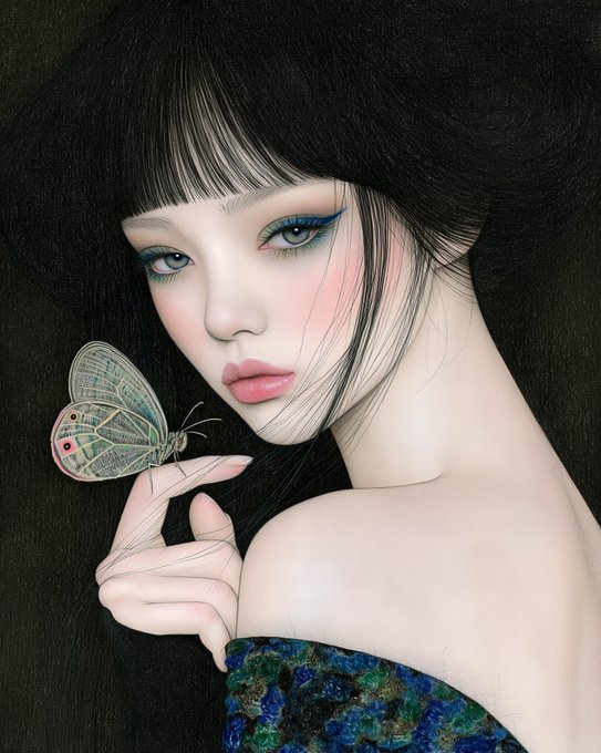 A stylized digital illustration of an anime-style woman with long dark hair, striking blue eyeshadow, and pink lips, delicately holding a green and pink butterfly near her face.