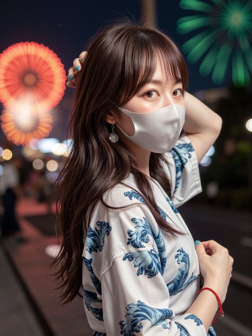 Portrait of a young woman wearing a face mask and blue wave-patterned yukata, posed against a backdrop of colorful fireworks.