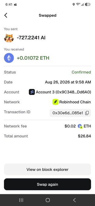 Robinhood Wallet crypto swap confirmation showing -727.2241 AI tokens sent and +0.01072 ETH received, status confirmed on Robinhood Chain.