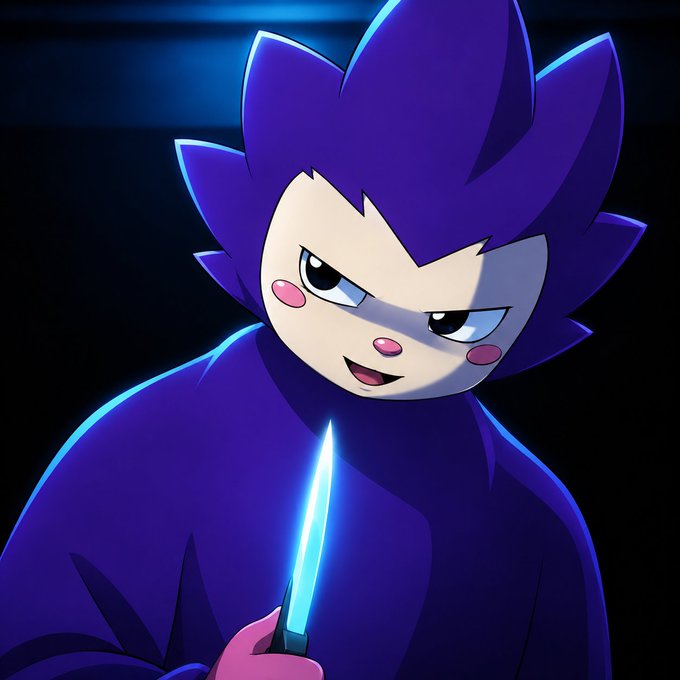 A chibi-style purple character with spiky hair and cheek blush holds a glowing blue blade, looking mischievous—fitting the post's vibe as the author celebrates minting their Chog NFT after nearly two years of supporting the Chog community.
