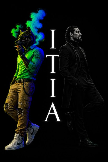 A movie poster featuring the text 'ITIA' with two figures - one in a wolf mask with green and blue smoke wearing a green shirt and ripped jeans, and another in a long dark coat. The title appears stylized vertically in the center.