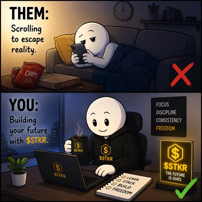 A split-panel illustration contrasts "THEM" scrolling on a phone amid junk food (chips and pizza) with a red ❌, versus "YOU" wearing a $STKR hoodie, working productively at a laptop with coffee and a checklist (Learn, Stack, Build, Freedom) beside a glowing "$STKR – The Future Is Ours" sign with a green ✓, reinforcing the post's message that disciplined work—symbolized by the $STKR ticker—builds the future while mindless scrolling does not.
