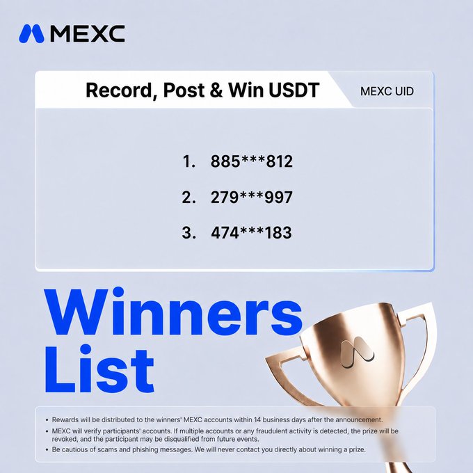 A MEXC promotional "Winners List" graphic for "Record, Post & Win USDT," displaying three winning MEXC UIDs (885***812, 279***997, 474***183) alongside a gold trophy.