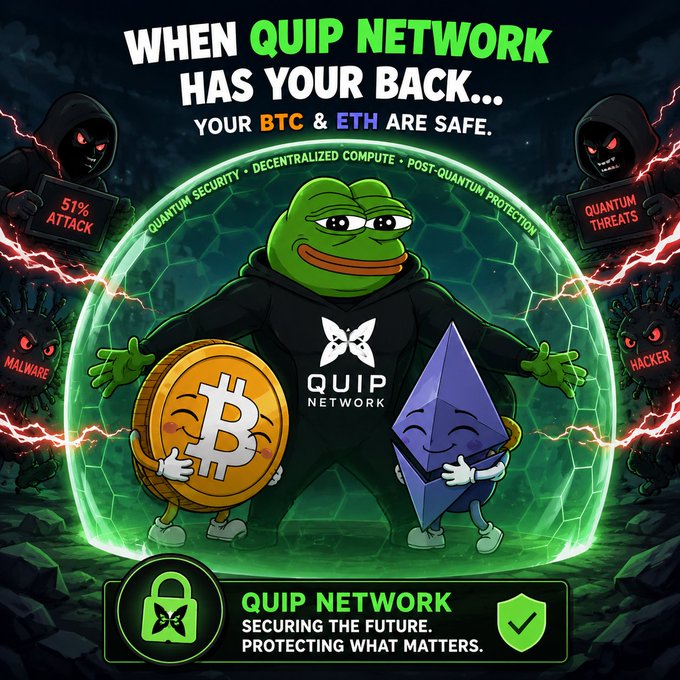 The image features a cartoon frog holding a bitcoin coin, with a green shield surrounding them. The background of the image shows a computer screen displaying the text "QUIP Network Securing the future protecting what matters". This suggests that the image is related to the Quip network and their efforts in securing the future by protecting valuable information or assets.