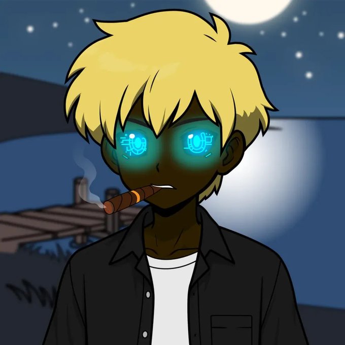 An illustrated anime-style portrait of a character with blonde hair, glowing teal digital eyes, and a lit cigar in their mouth, set against a night sky with a moon.