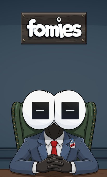 A cartoon character with large oval eyes wearing a dark suit and red tie sits at a desk with a wooden sign reading 'fomies' mounted on the wall behind them.