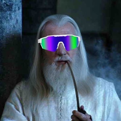A man with long white hair and a white beard smoking a pipe, edited with iridescent reflective sunglasses.