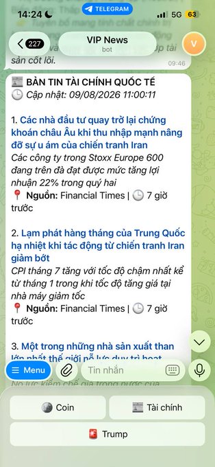 A screenshot of a Vietnamese-language Telegram news bot ('VIP News') displaying international financial news dated 09/08/2026, with headlines about European stocks and Chinese inflation.