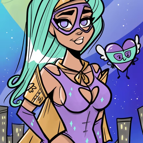 An animated illustration of a superhero girl with teal hair, a purple domino mask, and a purple costume featuring heart shapes, accompanied by a small heart-shaped flying companion.