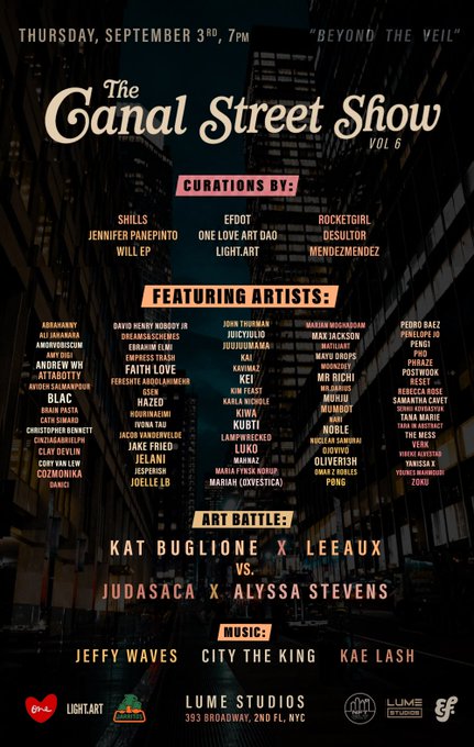 A promotional poster for 'The Canal Street Show Vol. 6' taking place Thursday, September 3rd at 7PM at Lume Studios (353 Broadway, 2nd Fl, NYC), listing curators, featuring artists, an art battle, and music lineup.