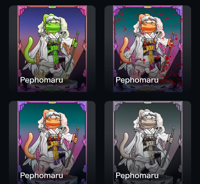 A 2x2 arrangement of four trading cards featuring an anthropomorphic lizard or salamander character named 'Pephomaru' in samurai attire, shown in green, orange/red blood-splattered, and desaturated grayscale variants.