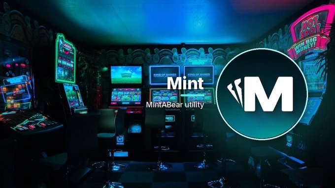 A promotional banner for 'Mint' (MintABear utility) featuring a large white 'M' logo overlaid on a dark arcade scene with neon-lit slot machines.