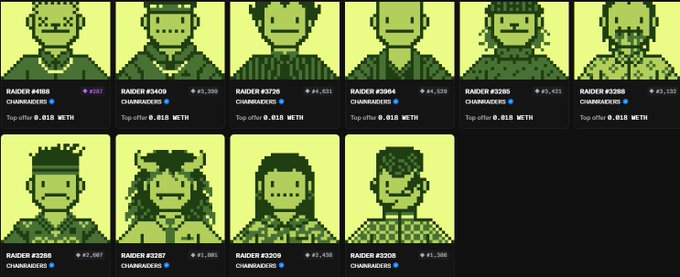 Grid of pixel-art avatar portraits labeled 'RAIDER' and 'CHAINBREAKER' with various IDs and 'Top offer 0.018 METH' text.