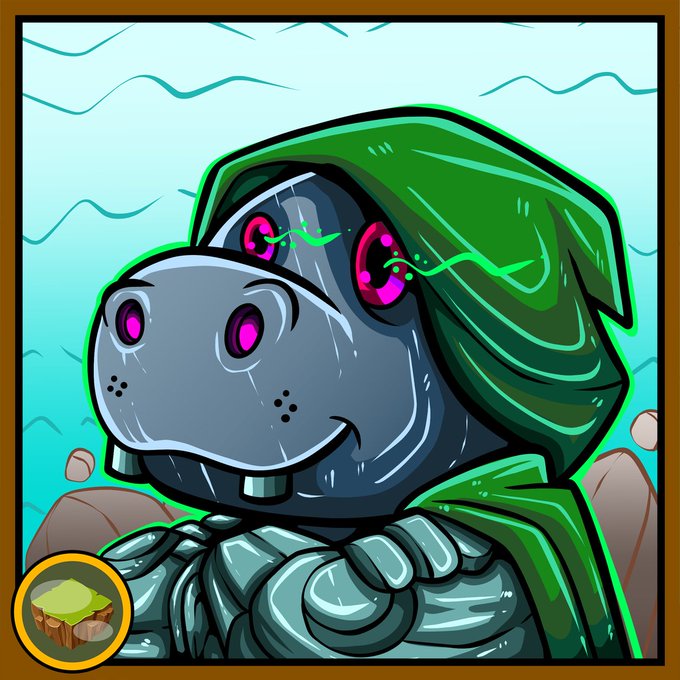 The image features a cartoon hippopotamus with a green hood, wearing a green cape or blanket that covers its entire body. The hippo has pink eyes and teeth, giving it a unique appearance. The caption of the image reads "It'S #HeepowBonanza time! Flexing one of my 1/1 Brat @MHeepow $ALGO #nft". This post seems to be related to a game or an event involving the cartoon hippopotamus, as indicated by its green hood and the caption.