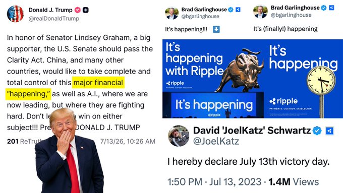 In a tweet, Donald Trump refers to crypto as a "major financial 'happening'," while Brad Garlinghouse and David Schwartz also use the phrase "it's happening" in relation to Ripple, aligning with the post's theme.