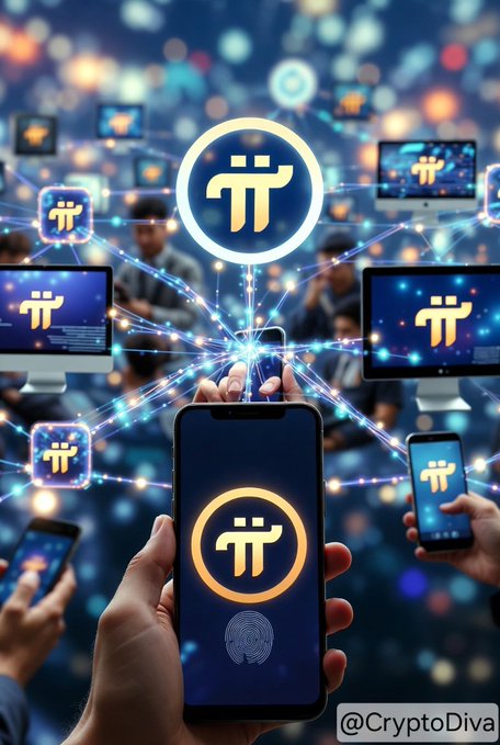 A digital artwork showing a hand holding a smartphone displaying a Pi Network (π) logo, with the same logo floating above connected to various other devices including monitors and phones in a network visualization, watermarked '@CryptoDiva'.