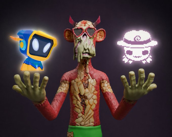A 3D character with a melting, red-and-green textured body, heart-shaped sunglasses, and devil horns stands between a small blue robot character and a pixelated white cowboy-hat figure.