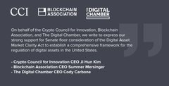 A graphic from the Crypto Council for Innovation, Blockchain Association, and Digital Chamber (CCI) announces that the three crypto industry groups have sent a joint letter on behalf of CEO Ji Hun Kim, Blockchain Association CEO Summer Mersinger, and Digital Chamber CEO Cody Carbone to Senate leaders urging passage of the Digital Asset Market Clarity Act, establishing a comprehensive framework for digital asset regulation in the United States.