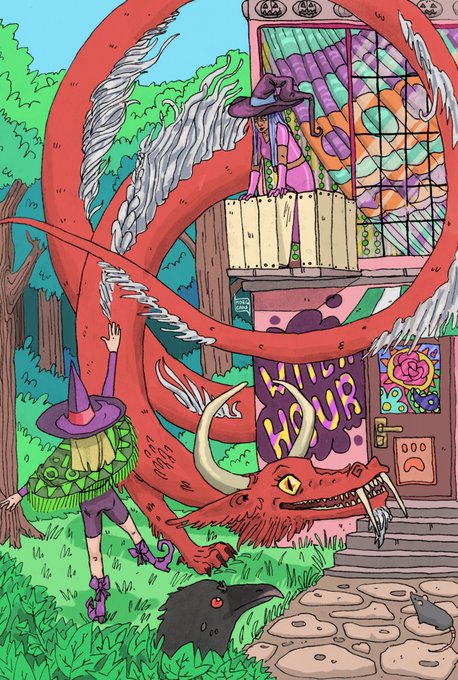 A colorful fantasy illustration depicting a large red dragon in front of a building with stained glass windows, a sign reading 'HUB', and a character in a witch hat.