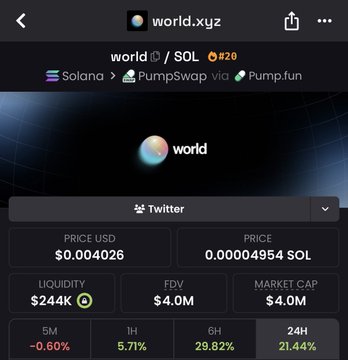 The image shows a cryptocurrency tracking page for the token "world" (world/SOL) on the Solana network, displaying a price of $0.004026 (0.00004954 SOL) with a market cap of $4.0M and 21.44% gains over 24 hours. The accompanying post appears to be calling out the project as a scam, warning that the $world token shown here is not legitimately associated with the official Worldcoin ($WORLD) project, suggesting this may be an imposter token trying to capitalize on the real Worldcoin brand.