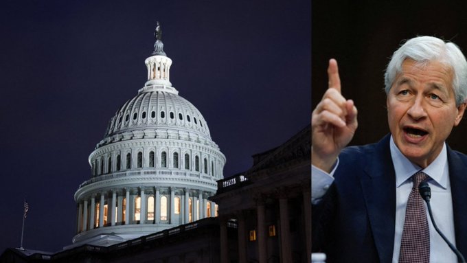 The image shows the U.S. Capitol dome on the left and JPMorgan Chase CEO Jamie Dimon speaking on the right, with the accompanying post highlighting concerns from the Independent Community Bankers of America (ICBA) that the $30 trillion Crypto CLARITY Act could divert deposits away from banks like Dimon's.