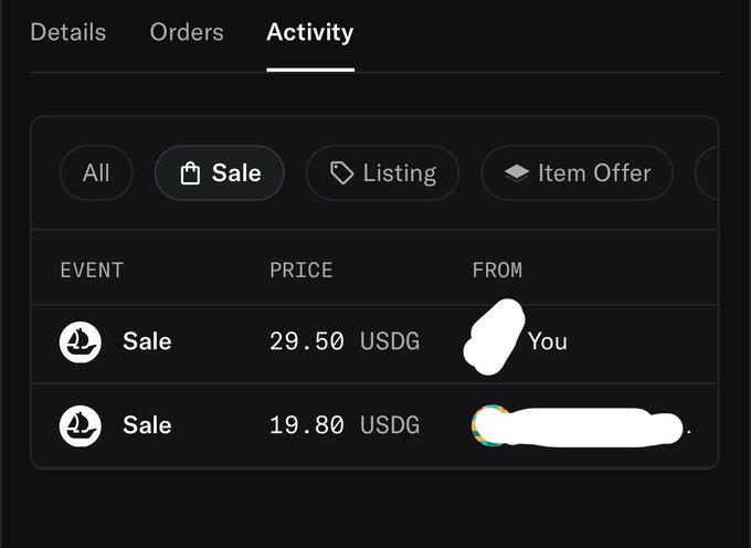 Screenshot of an NFT marketplace activity feed showing two sale transactions—one for 29.50 USDG sold by the user "You" and another for 19.80 USDG from another seller—supporting the post's claim of a quick $9 profit from buying and selling an NFT on Robinhood Chain.